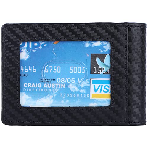 Image of Brooklyn Bridge Genuine Leather Money Clip Wallet for Men Carbon Fiber Black - Slim RFID Blocking Bifold Wallet, Stylish Front Pocket Card Holder with Cash Clip, Gift for Him