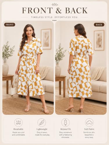 Image of BROVAVE Women's 2026 Summer Short Sleeve Work Dresses Tie Waist Button Down Animals Print Midi A-Line Shirt Dress