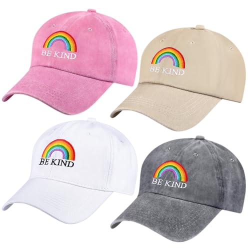 Sureio 4 Pcs Pride Rainbow Hat LGBT Baseball Cap Summer Washed Embroidered Adjustable for Men Women LGBT Casual Daily Wear(Light Color,Be Kind)