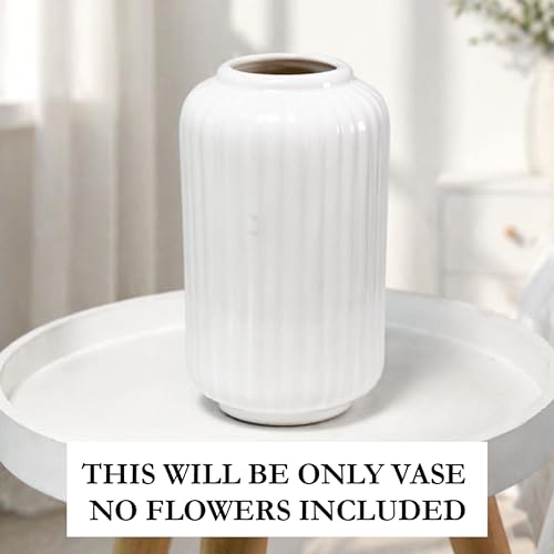 Image of Art Street Decorative Boho Ceramic Vase Premium Shell Ribbed Modern Table Bookshelf Decor Classic Flower Pot for Home, Office, Living Room, Decoration, (White, Size : 5x9 Inch)
