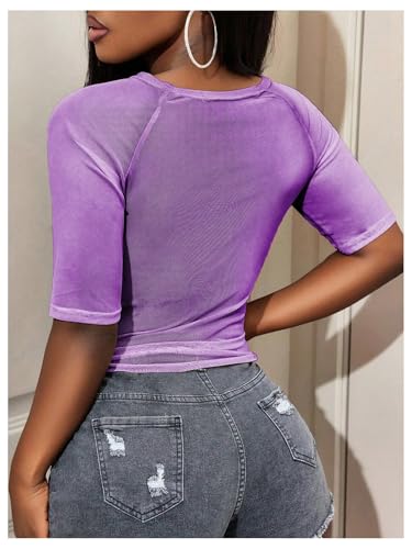 Image of RoseSeek Women's Sheer Mesh Letter Graphic Tees Short Sleeve Crew Neck Y2K Vintage Summer Going Out Crop Tops