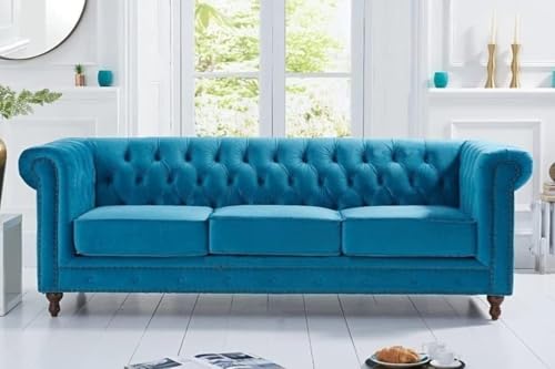 Image of Modern and Stylish 3 Seater Chesterfield Luxury Sofa with Valvet and Fabric Comfortable Sofa for Living Room, Dining Room, Hallway, and Office-(Ocean Blue).