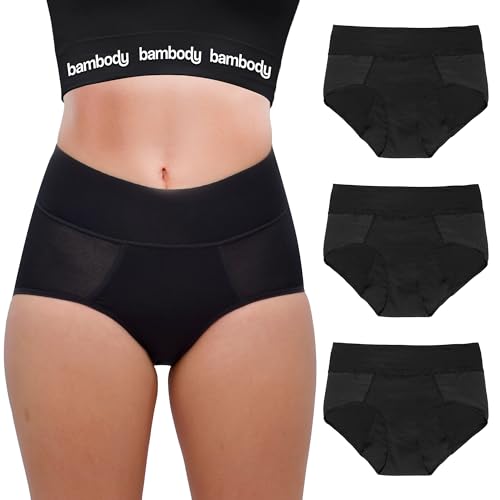 Bambody Absorbent Panties, Period Underwear for Women and Teens - All-Day Long - Overnight Protection- Postpartum, Leakproof - Large - 3 Pack: Black