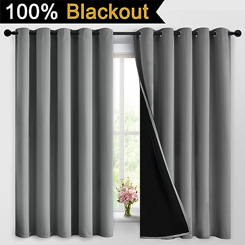 Image of Yakamok Grey Blackout Curtains 63 Inches Long for Bedroom 62 inch Wide 2 Pcs | Blackout Curtain Panels for Bedroom, 2 Thick Layers Grommet Top Thermal Insulated Drapes with Black Liner for Living Room