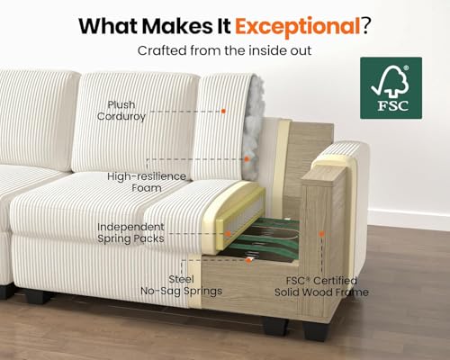 Image of CHIC HOUSE Middle Module for Modular Couch, Corduroy Customizable Chaise, Storage Ottoman for Sectional Sofa, Armrest, Double Seater