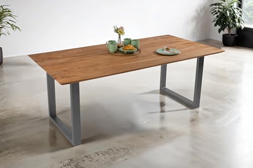 SAM Esstisch 180 x 90 cm Dean, Massivholztisch Eiche, Schweizer Kante, Esszimmertisch mit U-Gestell aus Metall Silber, pflegeleichter Holztisch