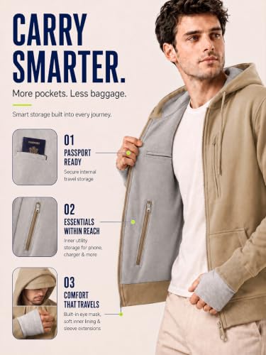 Image of NOBERO Travel Hoodies for Men|Cotton Fleece Solid Hooded Full Sleeve Sweatshirt|15 Utility Features,Tab & Drinks & earphones Holder,Charger & Sunglass Pocket, Microfiber Cloth,In-Built Gloves,Eye Mask