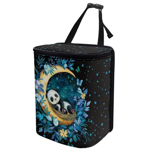 Image of Talayituse Panda Moon Flower Print Car Trash Can with Adjustable Straps, Foldable Car Trash Bag Bin Car Garbage Bag Multipurpose Storage Box for Vehicle Travel Camping Picnicing