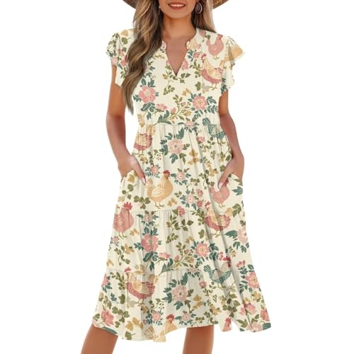 Image of Women's Casual Ruffle Sleeve Dress V Neck Pullover Dress Flowy A-Line Pleated Lightweight Dress with Pockets