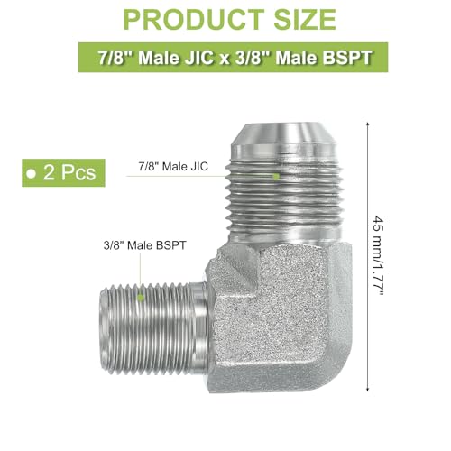 Image of PATIKIL 90 Degree Pipe Adapter, 2 Pcs 7 /8 inch Male 37 Flare JIC x 3 /8 inch BSPT Male Connector Carbon Steel Elbow Fitting for Air Hydraulic Fluid Fuel Water Oil, Silver