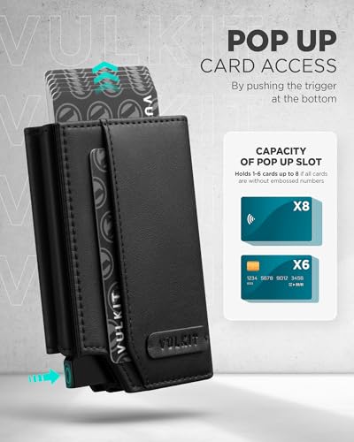 VULKIT Mens Wallet for Max.12 Cards with Pop-Up Credit Card Ejector Case, ID Window, Cash/Bills Compartment and Coin Pocket, Hook and Loop Tape Closure, Giftbox Packed, Black Nappa Leather2