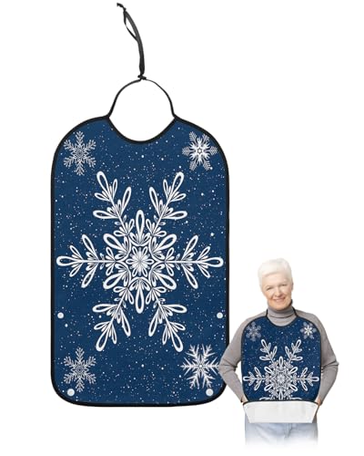 Jolunifun White Snowflake Adult Bib for Adults Men, Women, Washable & Adjustable Terry Cloth Bib with Crumb Catcher Reusable Waterproof Clothing Clothes Protector Apron Winter Christmas Holiday Blue