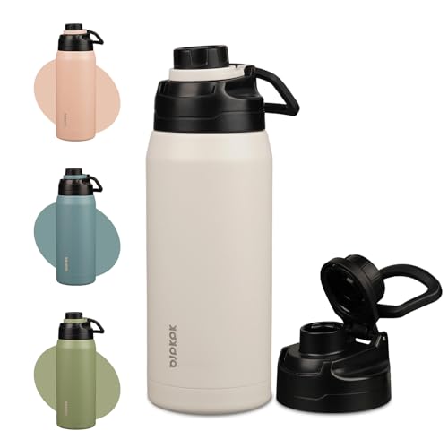 Image of BJPKPK 36 oz Insulated Water Bottle, Leakproof Stainless Steel Jug | Double Wall Vacuum, Keeps Hot /Cold, BPA Free, Dishwasher Safe, Wide Mouth, Spout Lid, Carry Handle, Travel & Hiking, White
