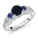 Gem Stone King 1.35 Cttw Black Onyx Blue Created Sapphire and White Moissanite Engagement Ring For Women | 925 Sterling Silver | Gemstone Birthstone | Round 6MM and 3MM | Size 5, 6, 7, 8, 9 | Size 9