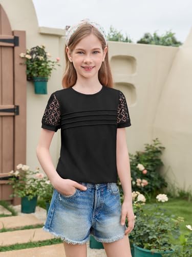 Image of Haloumoning Girls Short Sleeve T Shirts Kids Summer Lace Crewneck Tops Fashion Pleated Tees 5-14 Years