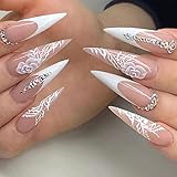 Acenail Stiletto Press on Nails Long Fake Nails Rhinestone False Nails with Designs Flower Acrylic French Tips Press on Nail Glitter 3D Full Cover Artificial Glossy Extra Long Nails for Women 24Pcs
