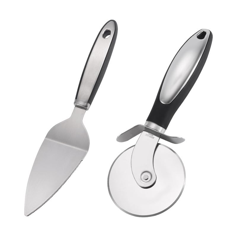 Pizza Wheel Cutter Server Set, Multipurpose Stainless Steel Pizza Cutter Pie Spatula with Sharp Blade for Cutting Pies, Pizza Slicer with Safety and Comfort Grip for Cutting Pizza and More
