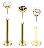 Vegolita 16G 18G 20G 3PCS G23 Titanium Push in Labret Monroe Stud Threadless Lip Ring Opal CZ Nose Stud Pure Titanium for Sensitive Skin Cartilage Helix Tragus Earrings Stud 6MM 8MM 10MM 18G Gold