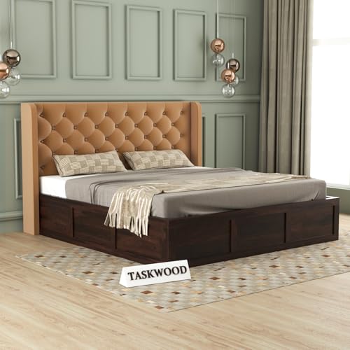Image of Solid Sheesham Wood King Size Bed with Storage | Wooden Double Bed Cot Bed with Box Storage & Velvet Upholstered Cushioned Headboard for Bedroom (Walnut B, King)