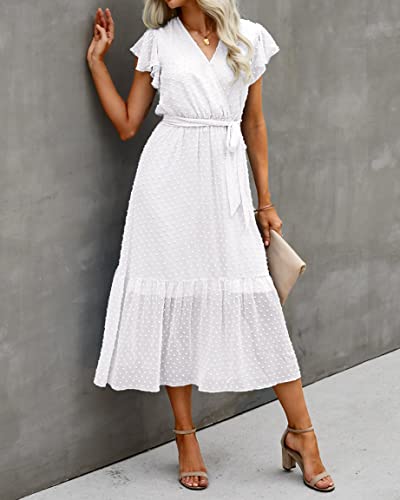 Image of BTFBM Women Summer Bohemian Floral Casual Wrap V Neck Ruffle Cap Sleeveless Belt A-Line Pleated Hem Midi Sun Dress White