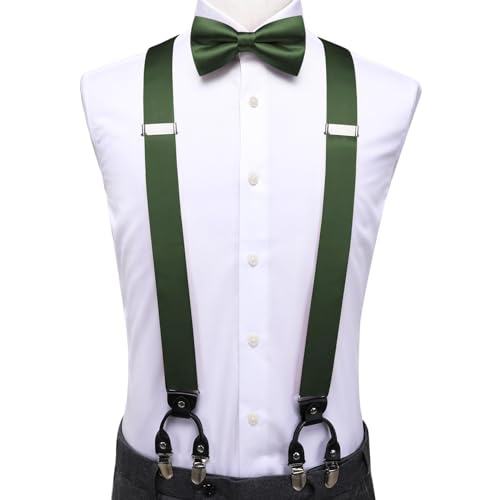 Image of Hi-Tie Men Suspender Bowtie Set Suspenders Pre-tied Bow Tie Pocket Square Cufflinks Adjustable Y Shape 6 Clips Braces Tuxedo