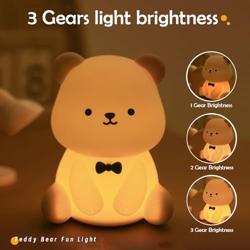 Image of S NMT Silicone Teddy Bear Night Light for Kids Room, Rechargeable 7 Colors Changeable 3 Level Brightness Timing Sleeping Lamp Kawaii Nursery Night Lights for Kids Room Gift Decor