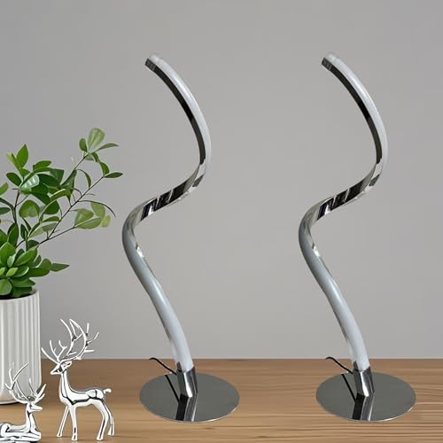 Image of 2PCSDecorative Silver Table Lamp, Miniature Bedside Lamp, 3 Color Temperature Dimmable LED Modern Simple Curved Style for Bedroom, Living Room and Office Lighting Decorative Curved Art (Chrome Silver)