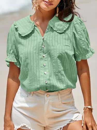 Image of Tankaneo Womens Puff Sleeve Shirts Peter Pan Collar Button Down Cotton Blouse Casual Summer Textured Tops