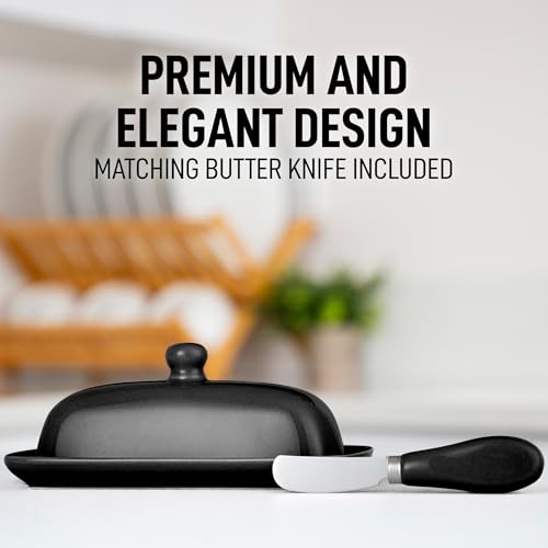 Image of Zulay Kitchen Butter Dish With Lid For Countertop - Porcelain Black, Ceramic Butter Dish with Knob Handle Great for Cooking - Elegant Design Butter Holder - Durable & Sturdy Butter Keeper - Black