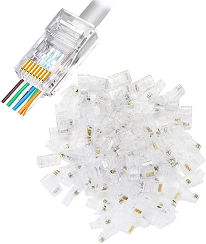 RJ45 Cat6 Pass Through Connectors Gold Plated 8P8C Ends for Solid Wire and Standard Cable, Transparent 100-PACK