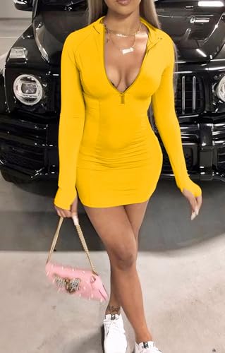Image of Front Zipper Bodycon Dress Party Long-Sleeve Club Dresses