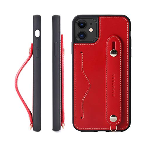 iPhone 11ProMax グリップケース レザー 本革 ストラップ付属 イタリア製牛革 ヌメ革 片手操作 カード収納 スタンド機能 メンズ レディース レッド CGH-11ProMax-Red