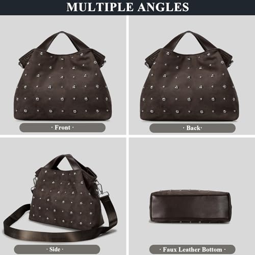 Image of Suede Purse for Women Trendy Vintage Faux Suede Tote Bags Studded Crossbody Purse with Long Shoulder Strap