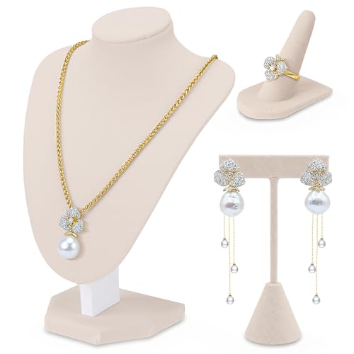 Wenqik 3 Pcs Velvet Jewelry Display Set Velvet Necklace Bust Holder T Shape Earring Stand Ring Finger Jewelry Holder (Linen)