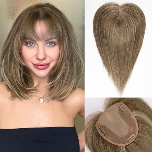 Starluck Real Human Hair Topper - 14 inch with Bangs, 5x5.5 Base, Light Brown for Thinning Hair, Covers Grey