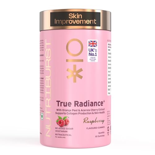 Image of Nutriburst True Radiance Gummies for Collagen Improvement | Raspberry Collagen Gummies with Orange Peel | Acerola Cherry & Sea Buckthorn, No Added Sugar | Enhance Elasticity & Healthy Skin| (60 Gummy)