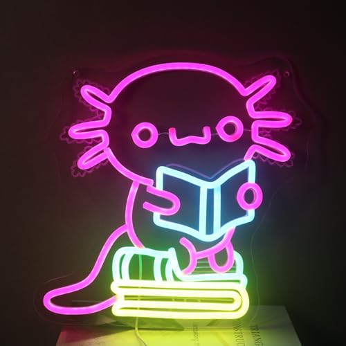 Pink Axolotl Reading Book Neon Light for Girls Kids Room – Cute Kawaii LED Wall Art, Dimmable USB Ambient Light for Study Decor, Bookshelf Accent, Gift for Students Book Lovers