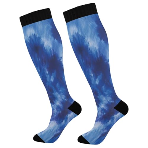 CEBUGI Blue Tie-dye Compression Long Socks Women Men Knee High Running Socks for Sports Hiking Travel,1 pair