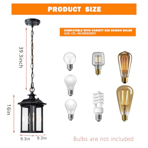 Image of JYZ Dusk to Dawn Outdoor Pendant Lighting, 16 Inch Large Exterior Hanging Lantern Light Fixture, Classic Black Outside Hanging Lamp for Porch Hallway Foyer Patio Gazebo
