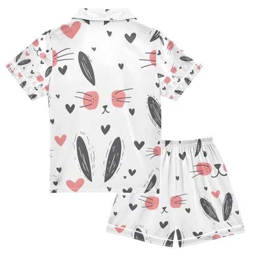 senya Rabbit Hand Drawn Satin Summer Pajama Sets Silk Short Sleeve Button Down Sleepwear2