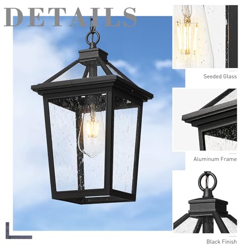 Image of zeyu 15.4 Inch Outdoor Hanging Light, Medium Exterior Pendant Porch Light for House Garden, Die-Cast Aluminum with Seeded Glass, Black Finish, ZX58MH BK