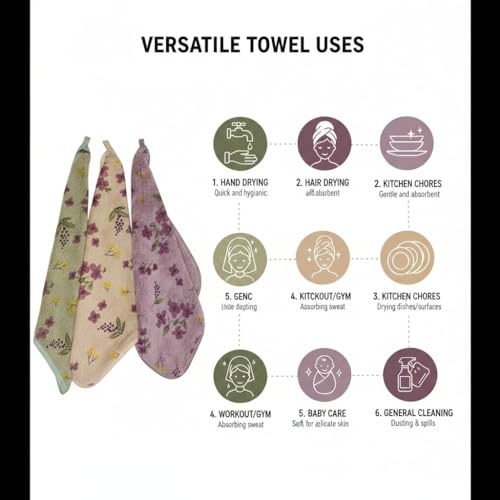 Image of 500 GSM Microfiber Hand Towels | Ultra Soft Absorbent Multipurpose Face Towels for Kitchen, Bathroom & Baby Care | Floral Printed Quick Dry (Multicolor, Set of 3)