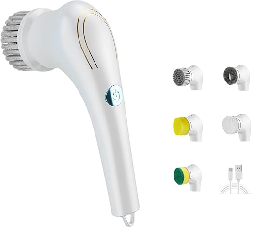 Cordless Electric Spin Cleaning Power Scrubber with 5 Replaceable Brush Heads,Handheld Shower Scrubber for Bathtub, Floor, Wall, Tile, Toilet, Window, Sink (White)