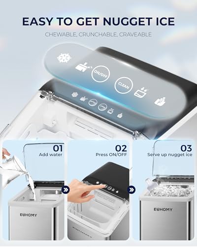 Image of EUHOMY Nugget Ice Maker Countertop, Max 40lbs /Day, Auto-Cleaning, 2Qt Reservoir, Compact Sonic Ice Maker with 2.5lbs Basket and Scoop, Soft Chewable Nugget Ice for Home /Party /RV /Camping (Stainless)
