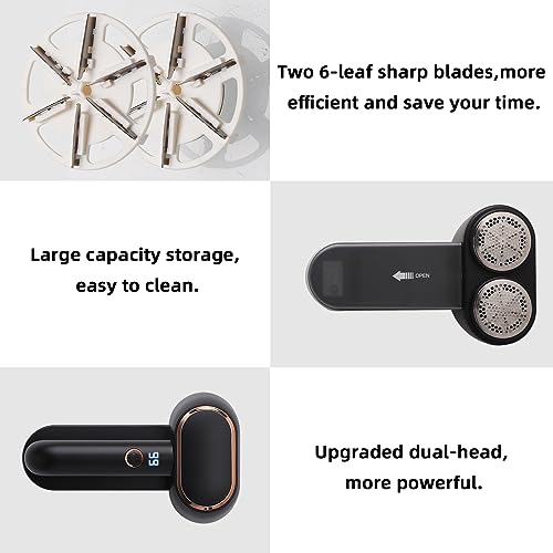 Homeleader Rechargeable Fabric Shaver, Electric Lint Remover with Led Digital Display and 6-Leaf Blades, Commercial Lint Remover 3-Speeds for Clothes, Furniture and Couch, Black.