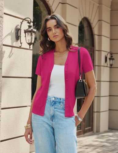 Women Plus Size Short Sleeve Cardigan Sweaters Lightweight Summer Cardigan for Laides(Hot Pink,2XL) — view 2