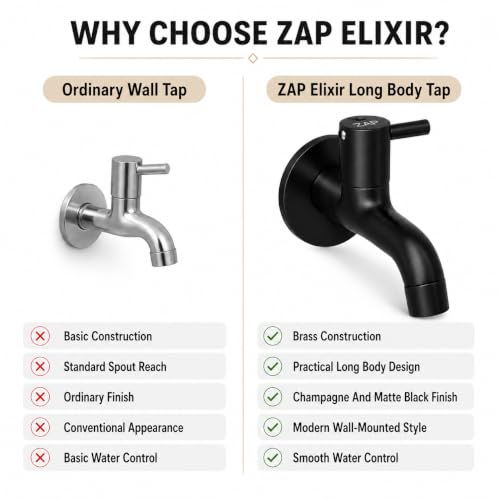 Image of ZAP Elixir Series Brass Long Body Tap, Champagne and Matte Black Wall Mount Faucet for Bathroom Wash Basin and Kitchen Sink, Rust-Resistant Modern Water Tap