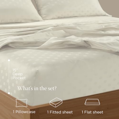 Image of Threadmill 300 Thread Count Cotton Twin XL Sheet Set, Sateen, Damask, Ivory