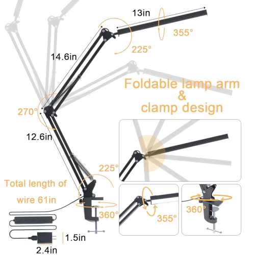 led desk lamp for home office clamp-on with 5 light modes amp auto shut off  14w adjustable brightness 5000k eye-caring lighting for studybedroomcomputer desk