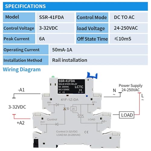 Module relais statique SSR-41FDA rail DIN avec borne LED 6A DC-AC 1Pcs